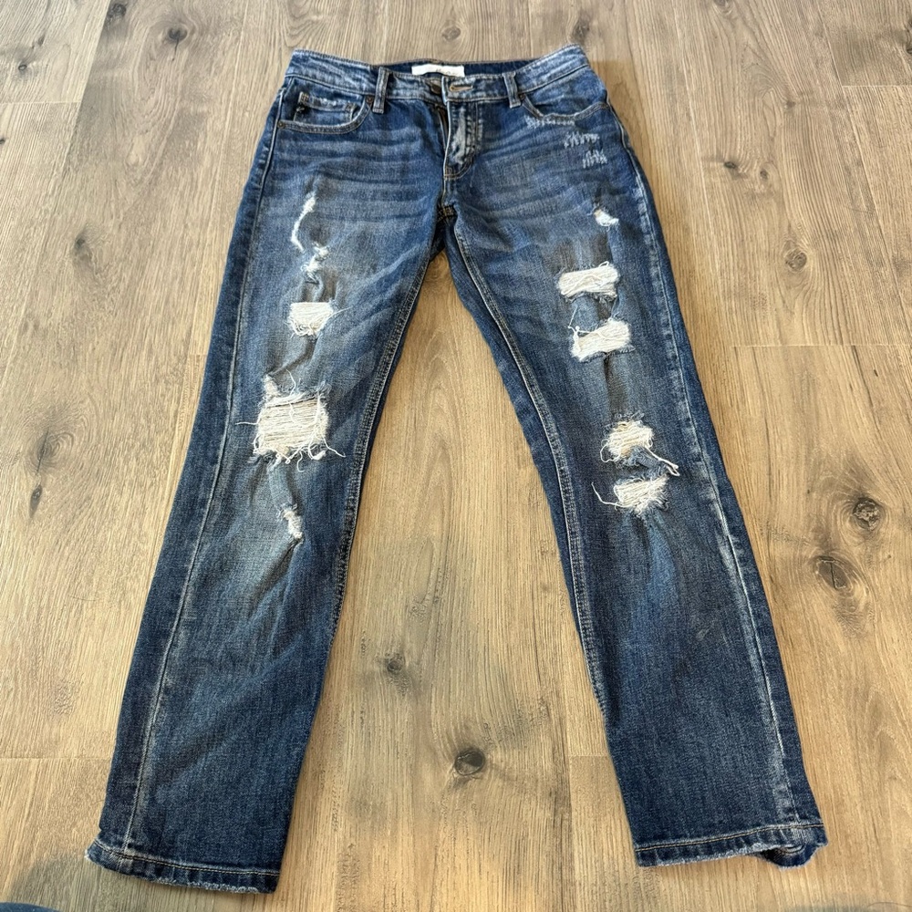 KanCan Dark Wash Faded Distressed Straight Leg Women’s Jeans Size 25